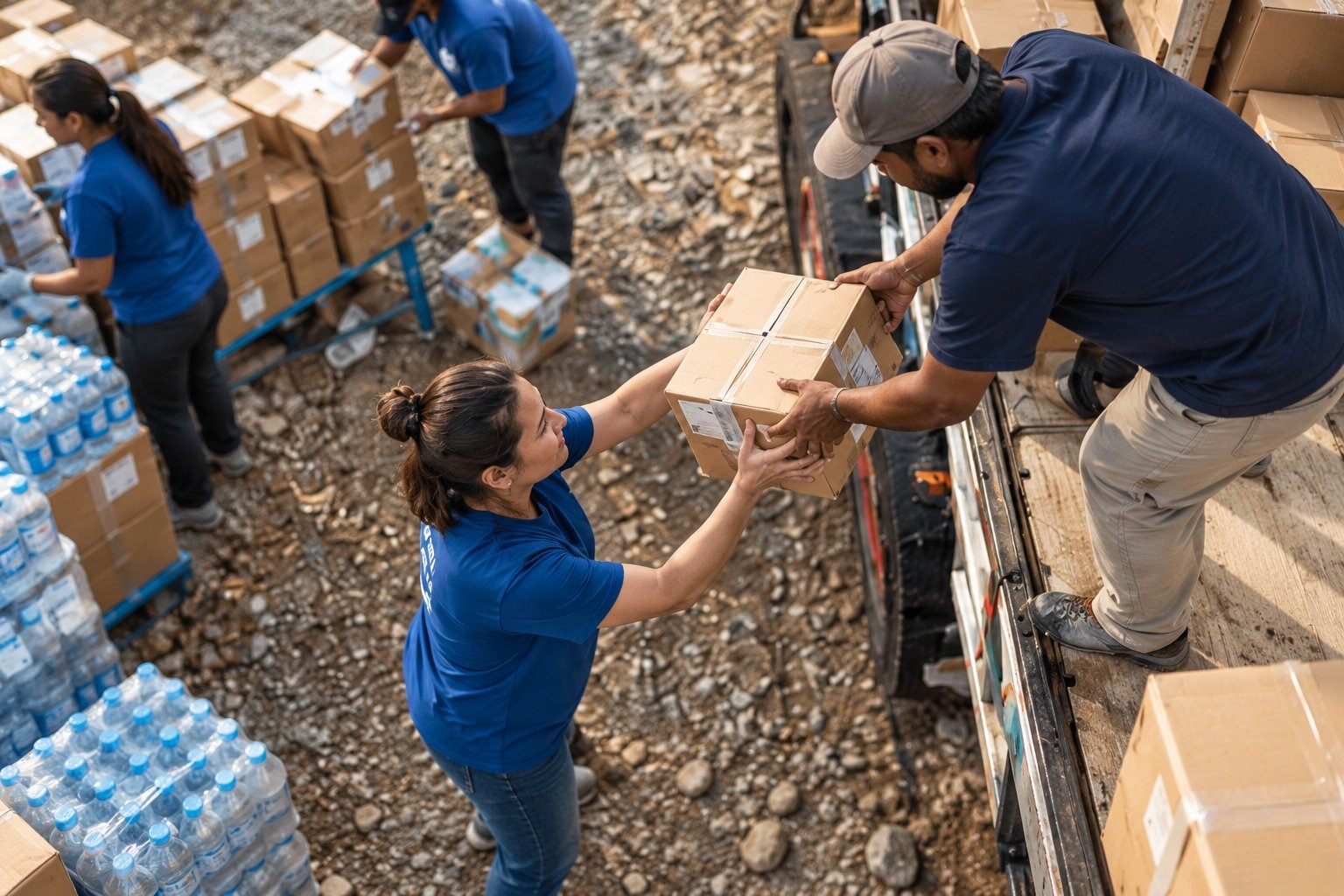 Illustration of volunteers passing relief boxes from a truck